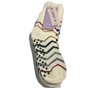 Joyspun Women's Luxury Lounge Socks W Grippers 2 Pair White Strip Full Fiber - Picture 1 of 12