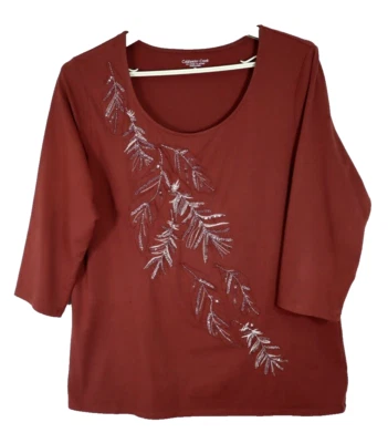 Top túnica de algodón para mujer COLDWATER CREEK manga 3/4 cuentas lentejuelas granate talla XL Foto 1 de 4
