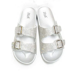 H2K Espen Silber Glitzer Doppelschnalle verstellbar Komfort Slipper Pantoletten Sandalen - Bild 1 von 3