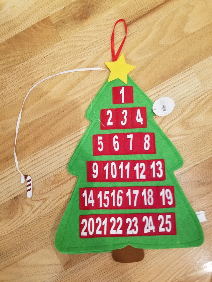 New Felt Christmas Countdown Advent Calendar Tree w/pockets Moving Candy Cane - Image 1 of 1