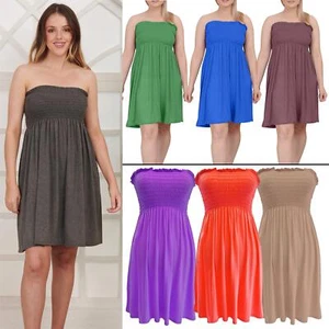 Ladies Strapless Sheering Tube Boob Gather Bandeau Summer Top Ladies Mini Dress - Picture 1 of 78