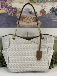 BORSA TOTE BAG MICHAEL KORS JET SET VIAGGIO GRANDE X CATENA MK LOGO VANIGLIA ORO - Foto 1 di 10