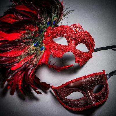 RED Side Feather Venetian Halloween Masquerade Ball Couple's Eyes Party Mask - Image 1 of 4