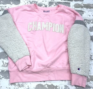 Champion Sweatshirt Girls Large Pink White Sherpa Sleeve Sweater Youth Kids - Picture 1 of 13