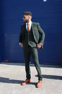 Men's Dark Green Tweed Three Piece Suit For Summer Weddings Proms & The Races - Picture 1 of 9
