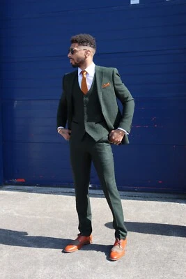 Traje de tres piezas de tweed verde oscuro para hombre para bodas de verano graduaciones y carreras Foto 1 de 4