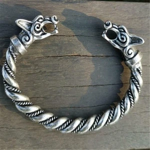 Têtes de loup Pagan Norse argent Bangle Bracelet en acier inoxydable Viking Odin - Picture 1 of 2