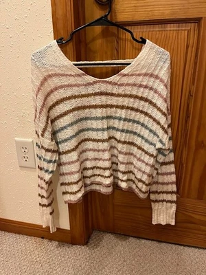 So Brand Lightweight Striped Sweater, Open Back V Neck, Small - Image 1 of 4