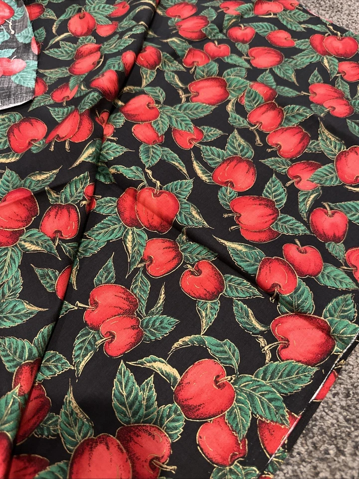 VTG Hoffman International Fabric 1.5 Yards Cotton Red Apples Black Background - Image 1 of 3
