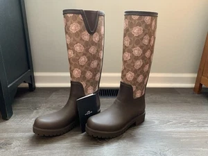 Coach Womens Rain Boots Signature Floral Print Size 9 B Brown G3100 - Picture 1 of 10