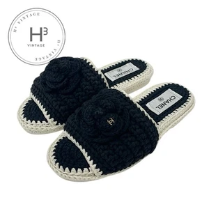 CHANEL Sandals Shoes Fabric Black White Coco Mark Camellia Knit Flat Mule - Picture 1 of 9
