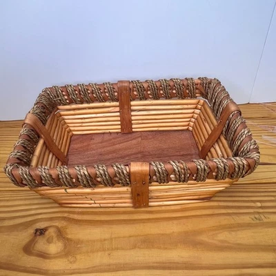 Rustic Woven Rattan Basket Rectangle Tray Organizer Storage Farmhouse Decor - Image 1 of 4