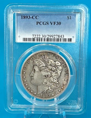 1893-CC Morgan Silver Dollar -- PCGS VF-30 -- Carson City Mint -- KEY DATE - Image 1 of 4