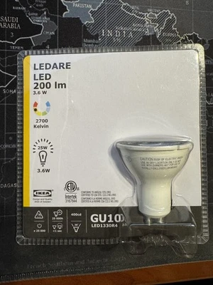 IKEA LEDARE GU10 LED Bulb – 200 lm, 3.6W, 2700K Warm White , Model LED1330R4 NEW - Image 1 of 2