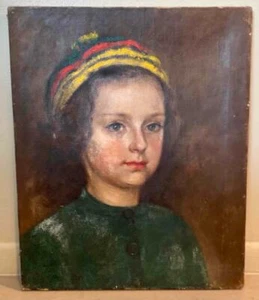 VINTAGE OIL ON CANVAS OF YOUNG GIRL WITH TAM O’SHANTER SCOTTISH - Picture 1 of 5
