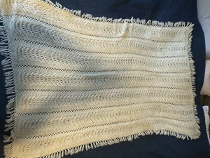 Vtg Handmade Cream Ivory Crochet Afghan Throw Blanket Soft Fringe BOHO 45"x64" - Picture 1 of 7
