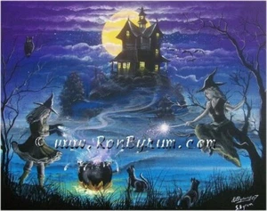 Arte Popular HALLOWEEN "Magia de Otoño" IMPRESIÓN Tres Brujas Volando Byrum Arte - Imagen 1 de 1