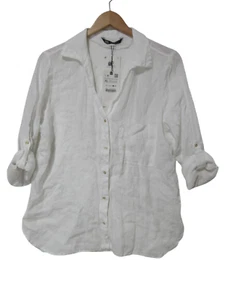 NWT Sz XL Zara Shirt 100% Linen White Roll Tab Sleeve Lagenlook Minimalist Women - Picture 1 of 18