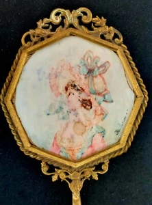 Espejo antiguo francés Ormolu, firmado pintado a mano miniatura bronce dorado 61/2x21/2 pulgadas - Imagen 1 de 10