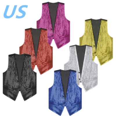 Mens Shiny Sequin Waistcoat Vest Sleeveless V-Neck Party Jacket Vest Clubwear - Image 1 of 4