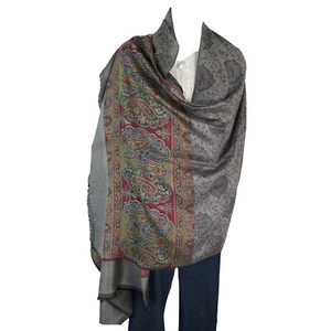 Shawl | Silk & Wool Blend | Kashmir Style | Paisley | Fringe | Silver & Gray - Picture 1 of 5