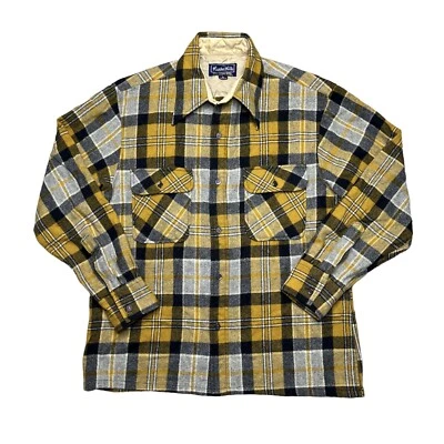 Vintage 70s Hunter Hill Yellow Plaid Wool Outdoors Flannel Button Up Shirt Large - Image 1 of 4
