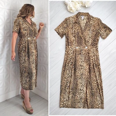 Vintage 90s Silk Cheetah Dress Robbie Bee Short Sleeve Animal Print Workwear 10 - Image 1 of 4