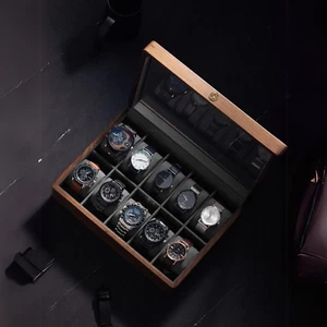 5/10 Slots Watch Display Case Walnut Wood Glass Top Jewelry Box Collector Men - Picture 1 of 18
