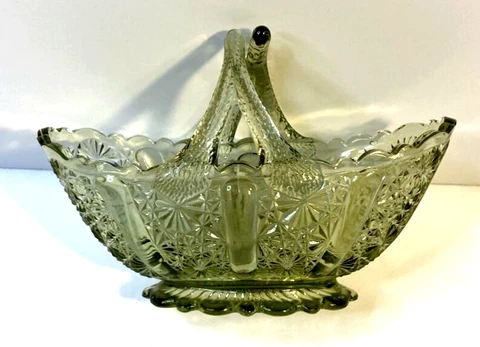 1960s Fenton Glass Oval Basket Colonial Green Daisy & Button Split Twig Handle Cover