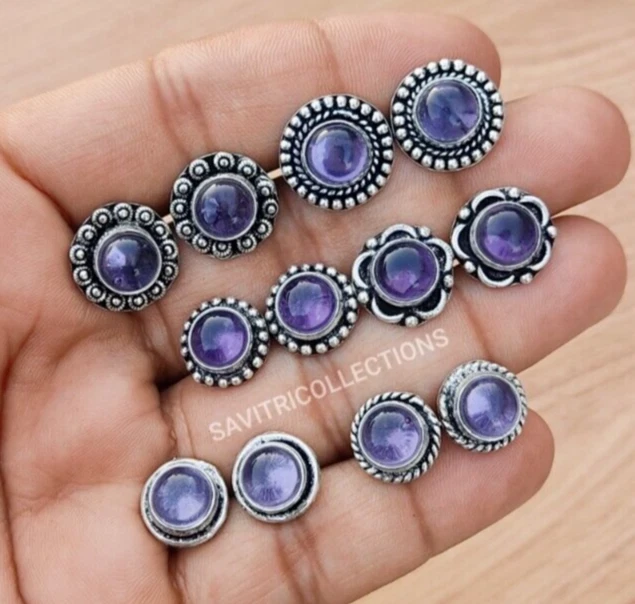 Amethyst Wholesale Stud Earrings Lot 92.5 Silver Plated Handmade Bulk Jewelry  - Image 1 of 4