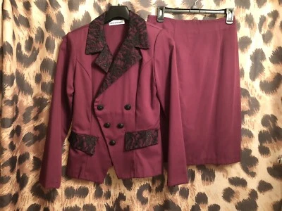 Vintage Años 90 DAVID BENJAMIN Púrpura Traje CHAQUETA CONJUNTO FALDA - Talla M - Encaje Negro Foto 1 de 4