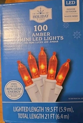 Holiday Time 100 Count Amber LED Mini Christmas Lights, with White Wire, 21 feet - Image 1 of 2
