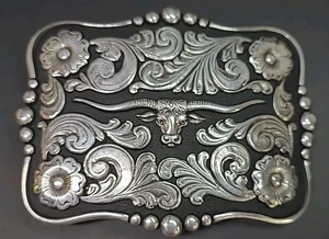Nocona Texas Longhorn Rodeo Belt Buckle Black & Silver Floral Ornate - Picture 1 of 6