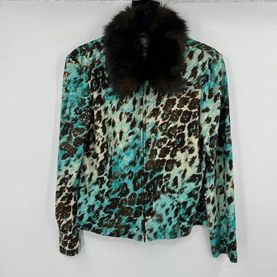 Joseph Ribkoff Aqua Leopard Print Jacket Fur Collar Sequins Size 12 Canada - Image 1 of 4