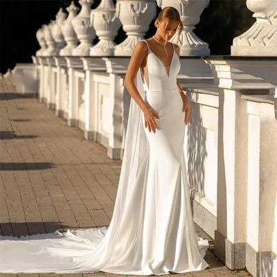 Elegant Mermaid Beading Wedding Dress Women V-Neck Open Back Spaghetti Straps - Image 1 of 4