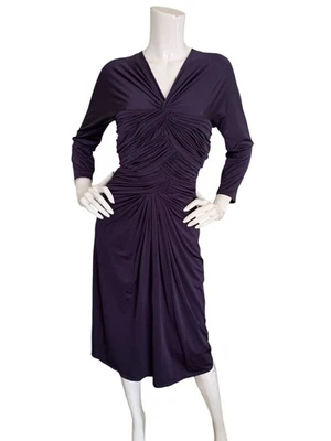 Vestido Tadashi Shoji Grande Púrpura Jersey Acanalado Drapeado Plisado Manga Larga Cuello en V Foto 1 de 4