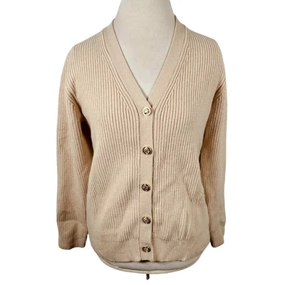 Cielo V-Neck Cardigan Sweater Cream Rib Knit Crop Career Chic Soft Size M - Image 1 of 4