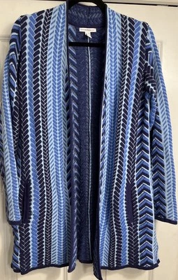 Cárdigan para mujer Isaac Mizrahi azul a rayas frente abierto espiga talla mediana Foto 1 de 4