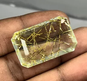 60+ Ct Yellow Color Ru-tiled Topaz Emerald Cut Loose Gemstone For Pendent O3024 - Picture 1 of 8