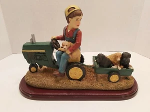 Boy And His Dogs Puppies On A John Deere Tractor Statue Figurine  - Picture 1 of 11