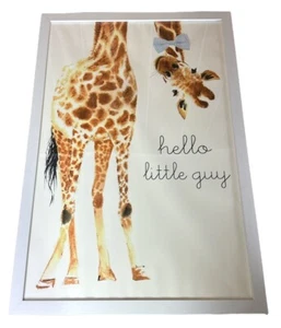 Large Framed Baby Room Art Giraffe Hello Little Guy 38” X 26” White Wood Blue - Picture 1 of 1