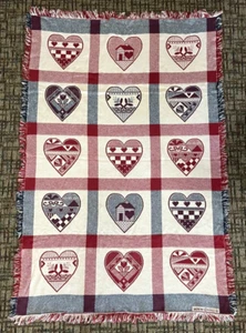 Vintage MWW 1992 Red/White/Blue Hearts Throw Blanket Fringed Woven 72” X 48” - Picture 1 of 6