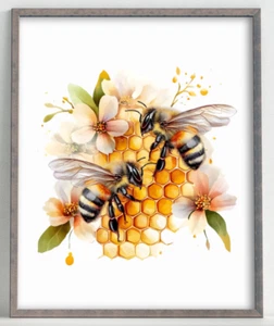 Biene Kunstdruck, Honigbiene Wanddeko, Botanisches Wandbild, Natur Deko #72 - Bild 1 von 2