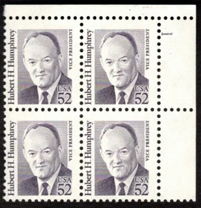 US Scott #2189a Hubert Humphrey ~ Purple ~ 1991 ~ 52c ~ Plate block ~ Shiny Gum - Picture 1 of 1
