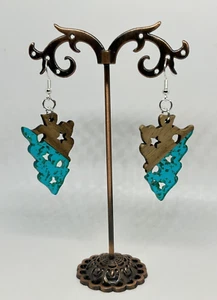 Teal Upside Down Christmas Tree Earrings Xmas Gift Wood Resin Unusual Fun Eco - Picture 1 of 3