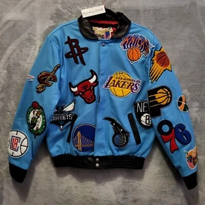 Jeff Hamilton NBA Collage Wool & Leather Blue Jacket Men's Sz Medium Signed - Picture 1 of 7