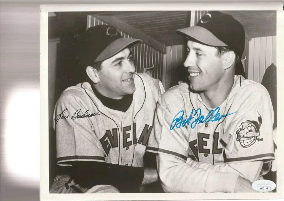 Lou Boudreau Bob Feller dual signed 8x10 photo MLB Cleveland Indians JSA HOF  - Image 1 of 1