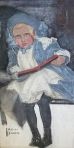 SÜSSES BLAUES MÄDCHEN GEMÄLDE AUF LEINWAND VON DER BEKANNTEN AMERIKANISCHEN KÜNSTLERIN MARION POWERS - Bild 1 von 3