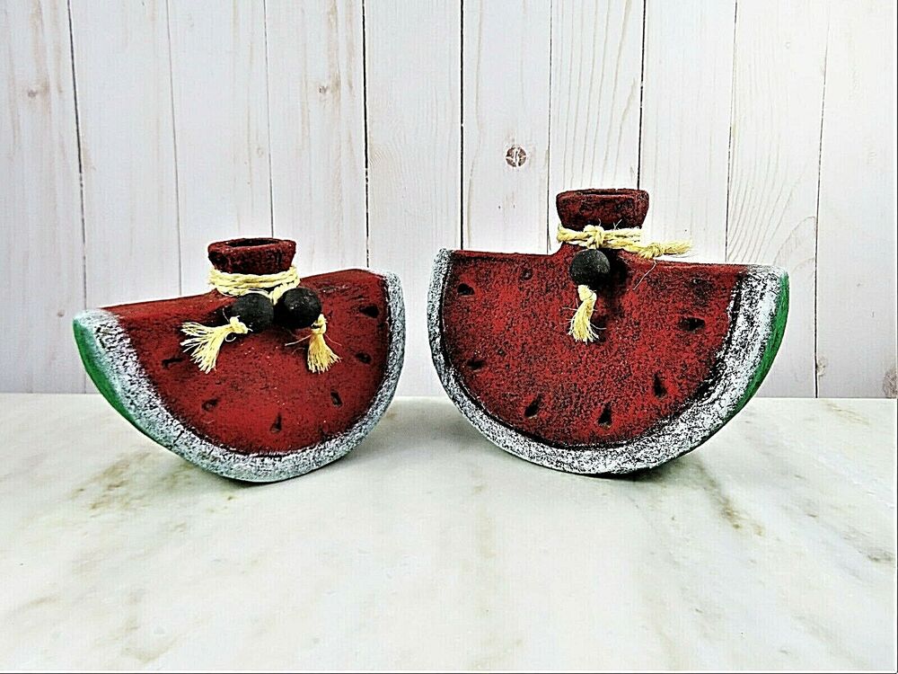 Pair Pottery Clay Watermelon Wedges Candle Holders Handmade Rustic Each Unique
