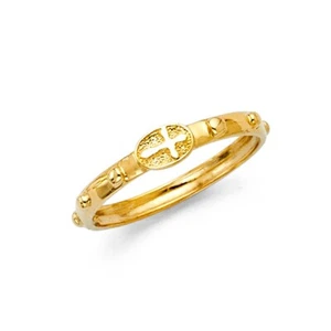Womens 14k Yellow Gold Cross Rosary Ring Band Beaded Eternity Christian Size 7 - Picture 1 of 1